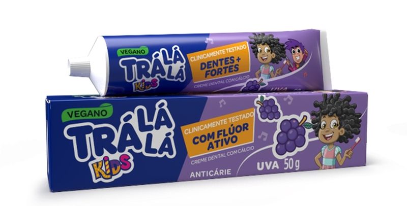 Creme Dental Trá Lá Lá Kids Uva traz QR Code do Projeto Lupinha